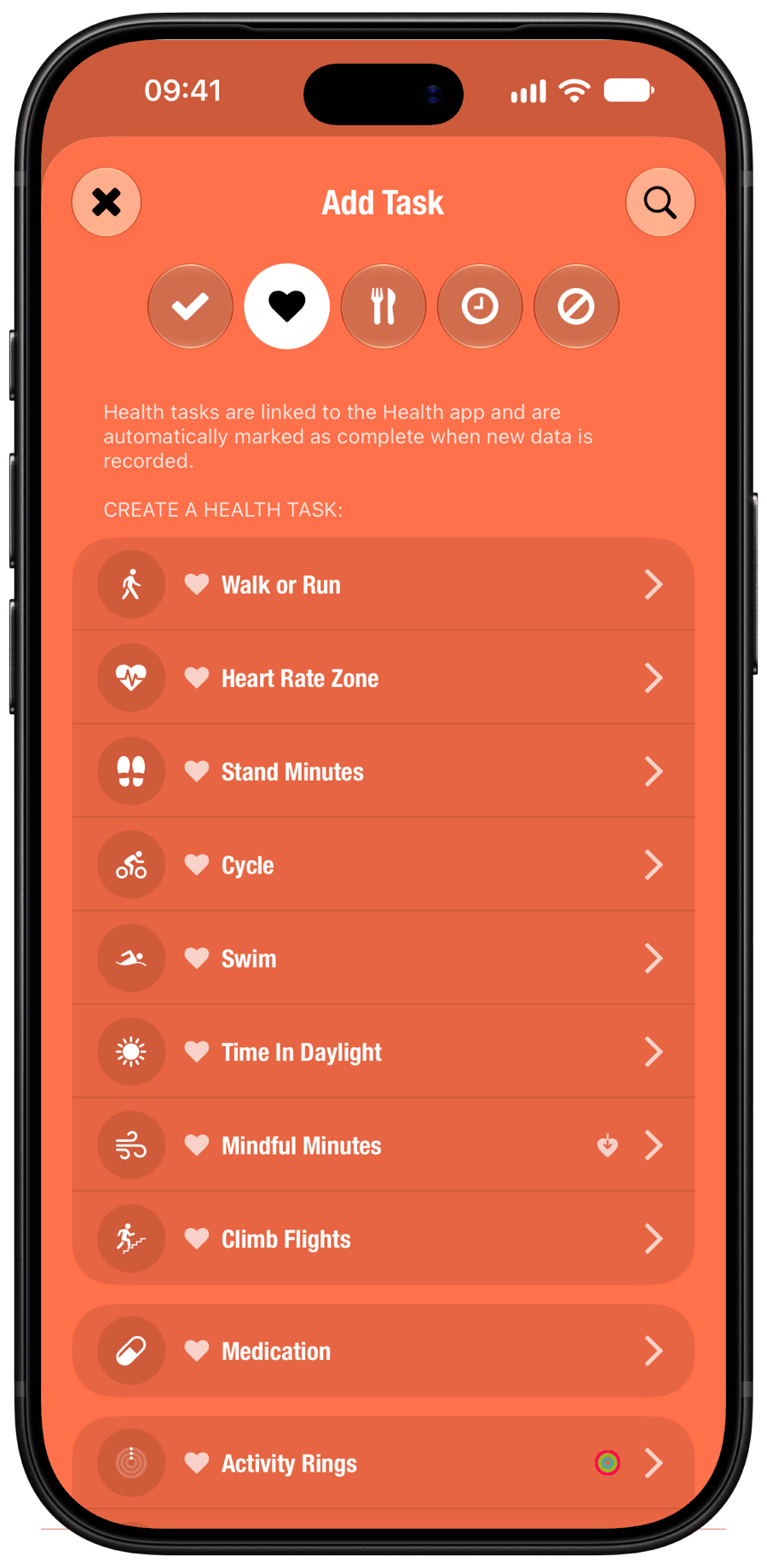 Adding a Health task: Walk or Run, Heart Rate Zone, Stand Minutes, Cycle, Swim and more