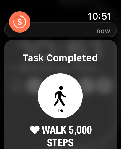 A Task Completed notification for Walk 5,000 Steps